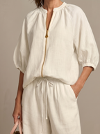 Natalia | Zip Front Blouson Top Wide Leg Set