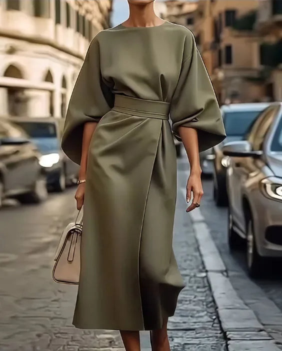 MABEL™ – Structured A-Line Midi Dress with Belt