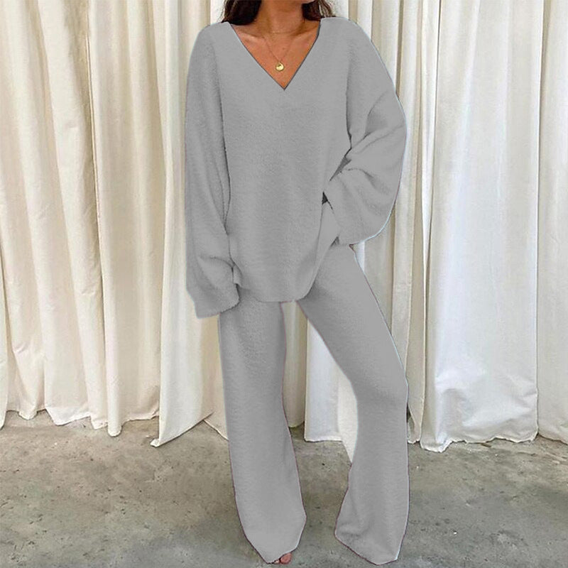 MULANA™ - Chic V-Neck Top and Wide Leg Pants Set