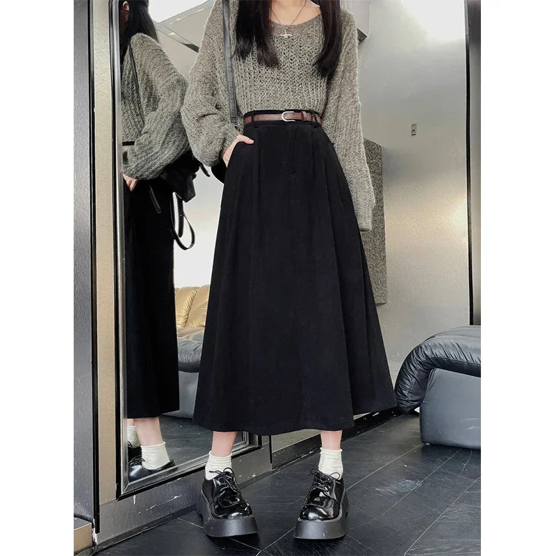 ESTELLE™ – Classic Belt Corduroy Midi Skirt